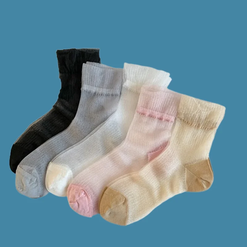 

5/10 Pairs New Summer Thin Women's Socks Lace Mid-tube Socks Transparent Card Silk Princess Style Sweet Glass Silk Stockings