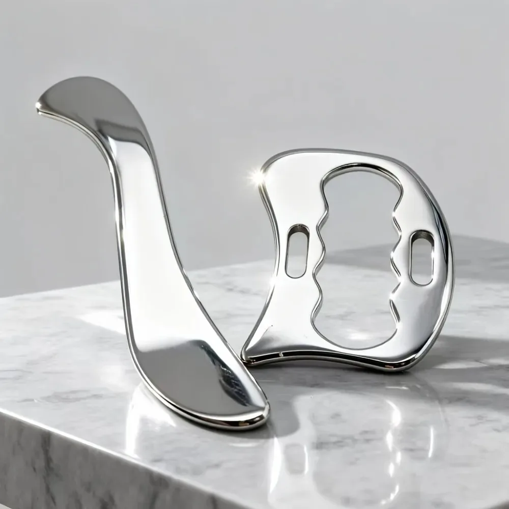 Lot de 2 Plaques Gua Sha en Acier Inoxydable, Outil de Relaxation des Méridiens du Corps Entier pour la Beauté du Visage, Outil de Massage Manuel Portable pour le Bien-être