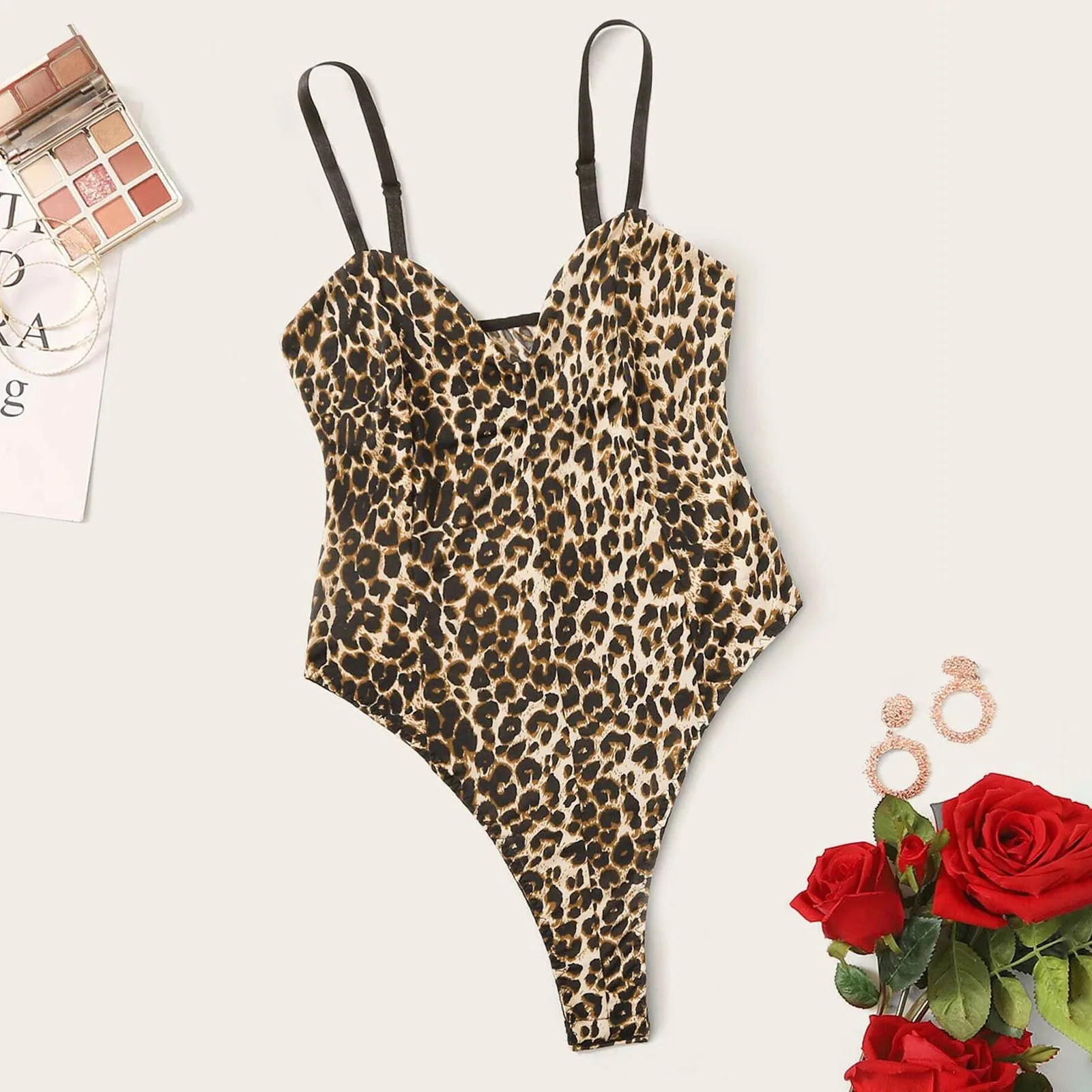 Leopard Print Sling Bodysuit Sexy Temptation Erotic Lingerie round Neck Sleeveless Women's Autumn Season Home Clothes Sleepwear