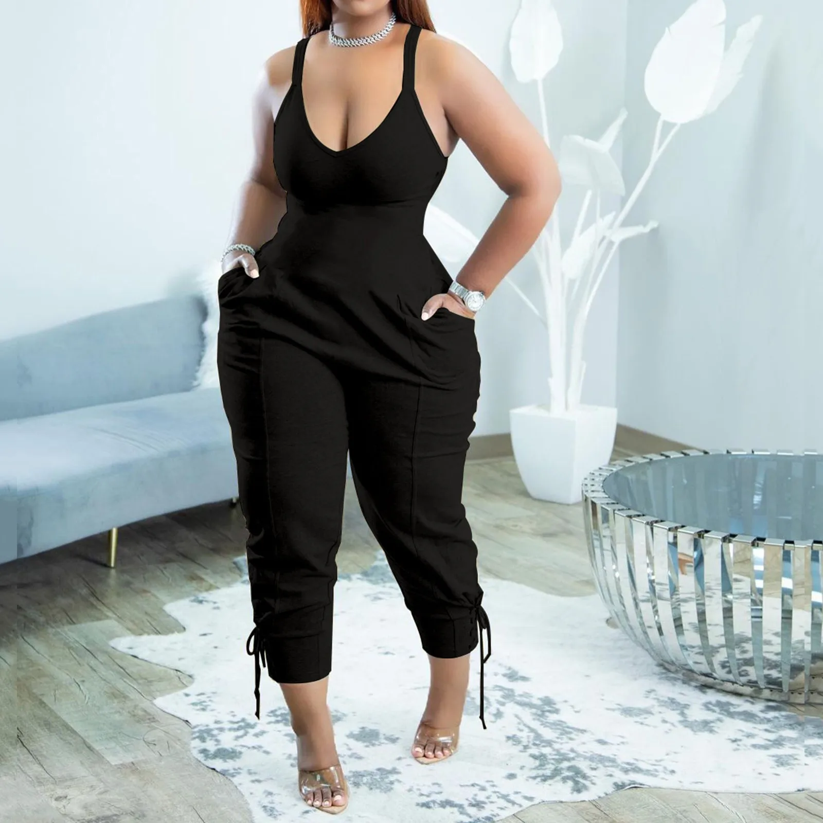 

Casual Slim Jumpsuit Women Summer Solid Sexy Straps Straight Leg Pants Tunic Pockets Casual Romper Sleeveless V-Neck Jumpsuits