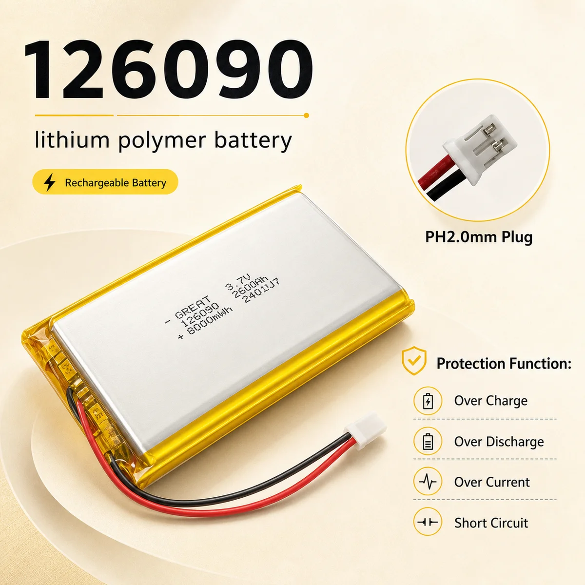 Rechargeable LiPo Battery 126090 3.7V 8000mAh Lithium Polymer Cell for Mobile Power Supply Humidifier