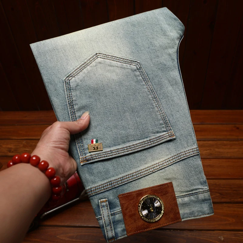 2025 New Trendy Brand Jeans for Men, Summer Slim Fit, Small Feet, Elastic Water Washed Retro Trendy Casual Long Pants