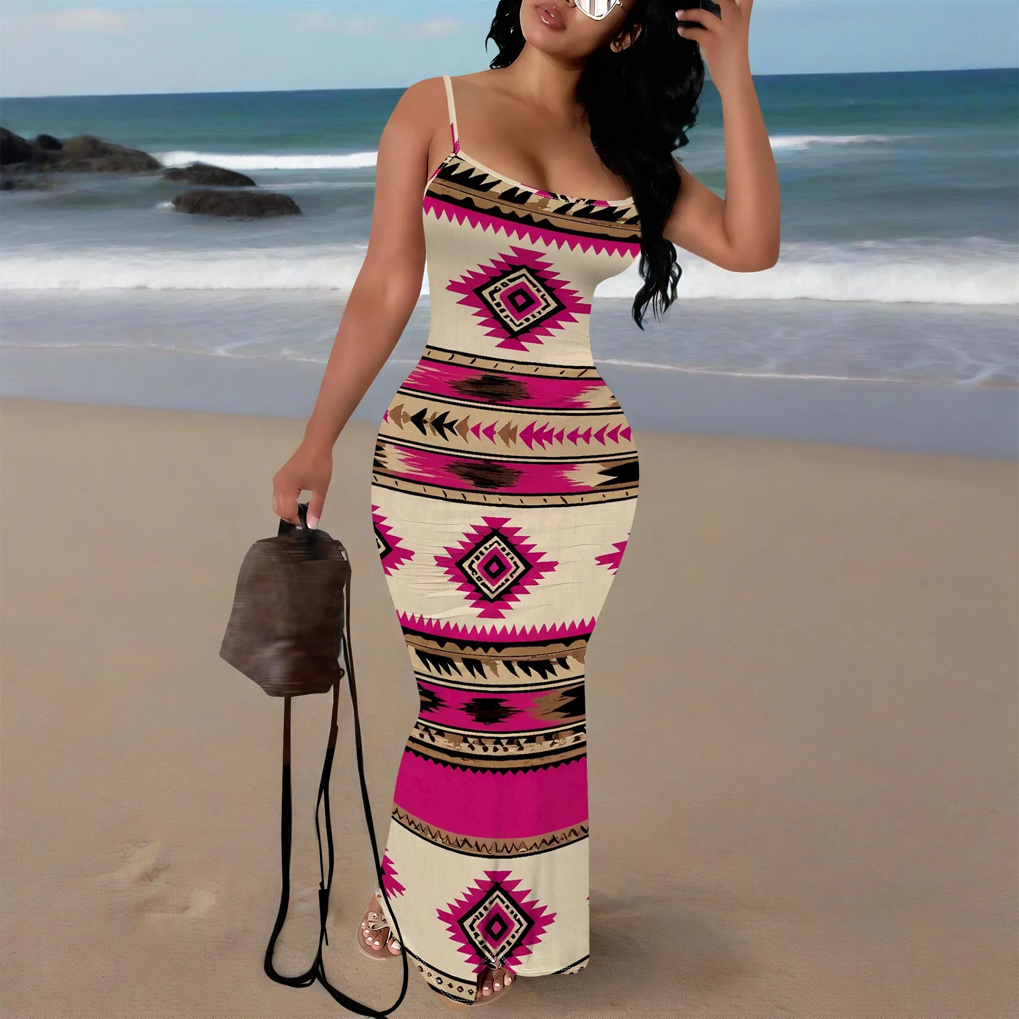 

Women's Tribal Print Maxi Dress Bodycon Cami Sundress Plus Size Mermaid Party Dress XS-3XL