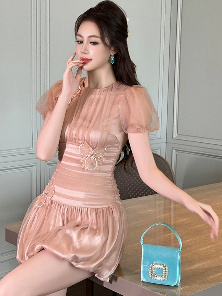 สไตล์ฝรั่งเศส Kawaii ผู้หญิงประณีตน่ารักแขนฟอง 3D ดอกไม้ SHEER ตาข่าย Cloud ชุดเลดี้สั้นชุดพรรค Vestidos