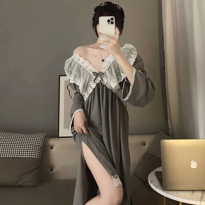

New Korean Version of Princess Style Night Dress Spring Autumn Lace V-neck Solid Color Pajama Dress Home Clothes Pajamas Women