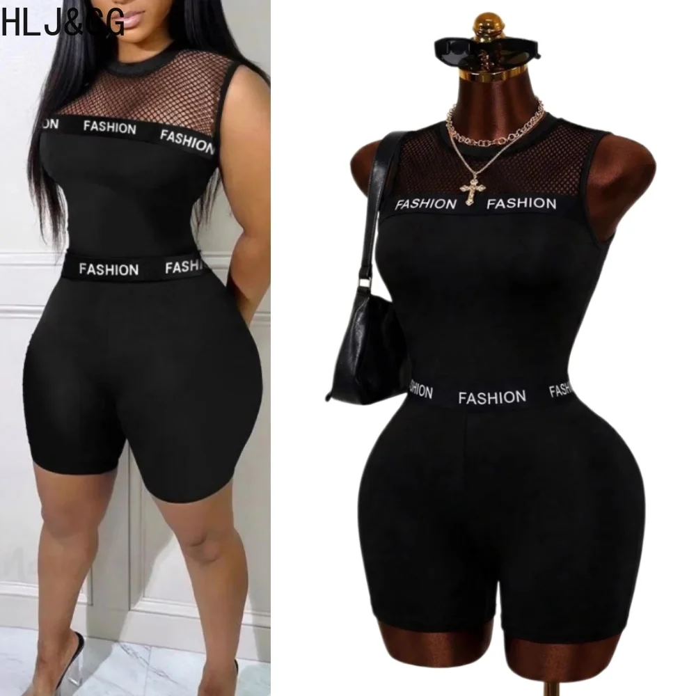 

HLJ&GG Fashion Mesh Hollow Letter Print Bodycon One Piece Rompers Women Round Neck Long Sleeveless Slim Jumpsuits Sexy Overalls