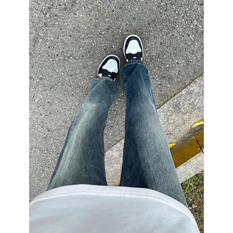 

Deep Blue Men's Straight Leg Jeans Cleanfit High Street American Retro Washed Denim Pants Youth Trendy Wear Resistant