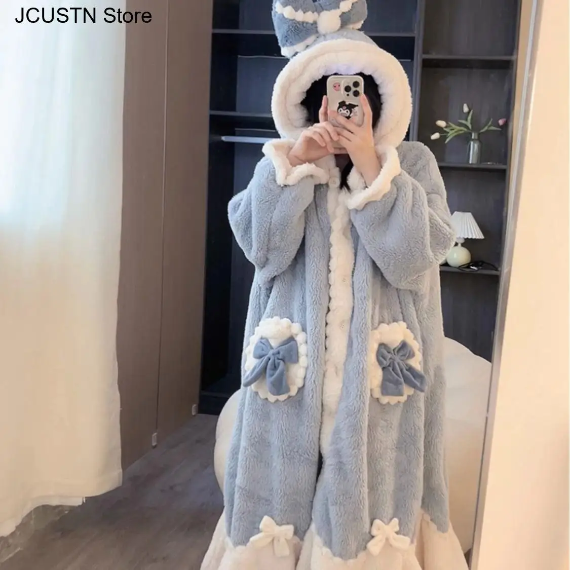 

Cartoon Winter Nightgown Kawaii Cosplay Robe Gown Women Coral Fleece Home Clothing Halloween Party Nightwear Hooded Costume