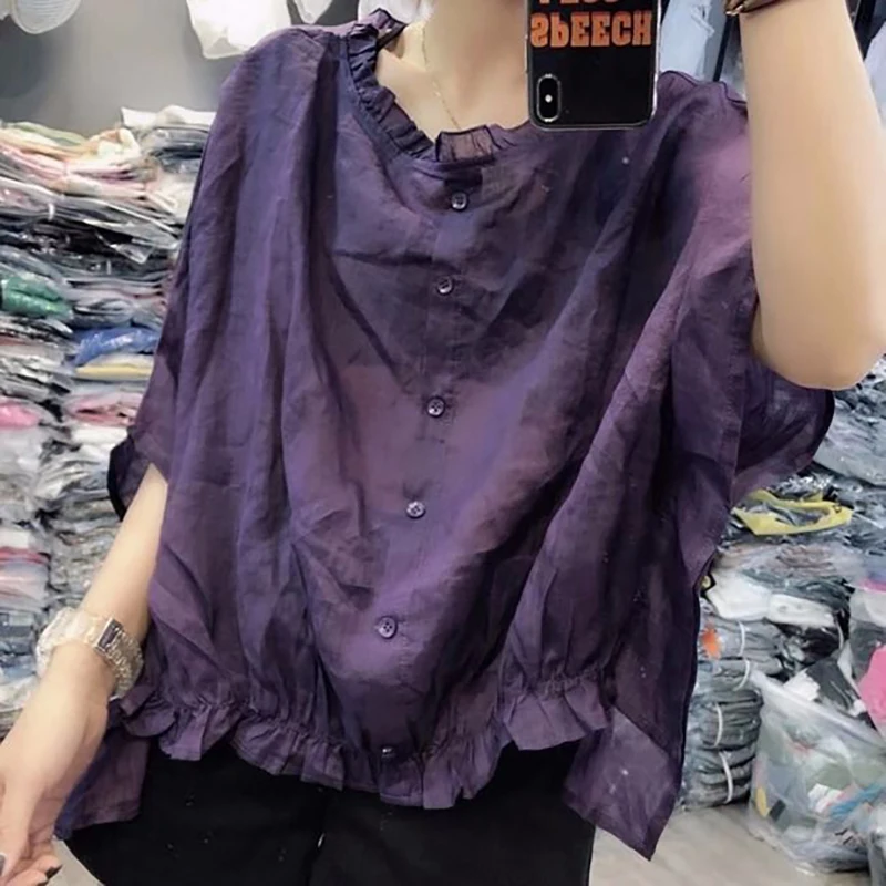 Fashion O-Neck Ruffles Batwing Sleeve Irregular Shirts Women\'s Clothing 2024 Summer New Loose Korean Tops Asymmetrical Blouses