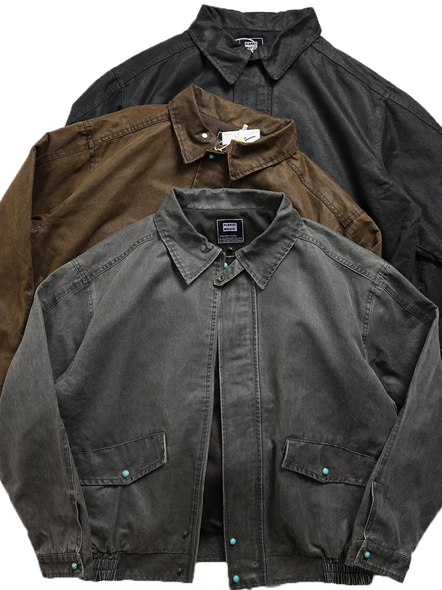 

Heavyweight Detroit American Sle Retro Jaet with Stand Collar Motorcycle Outerwear for Men Loose Fit Cotton Polyester Blend