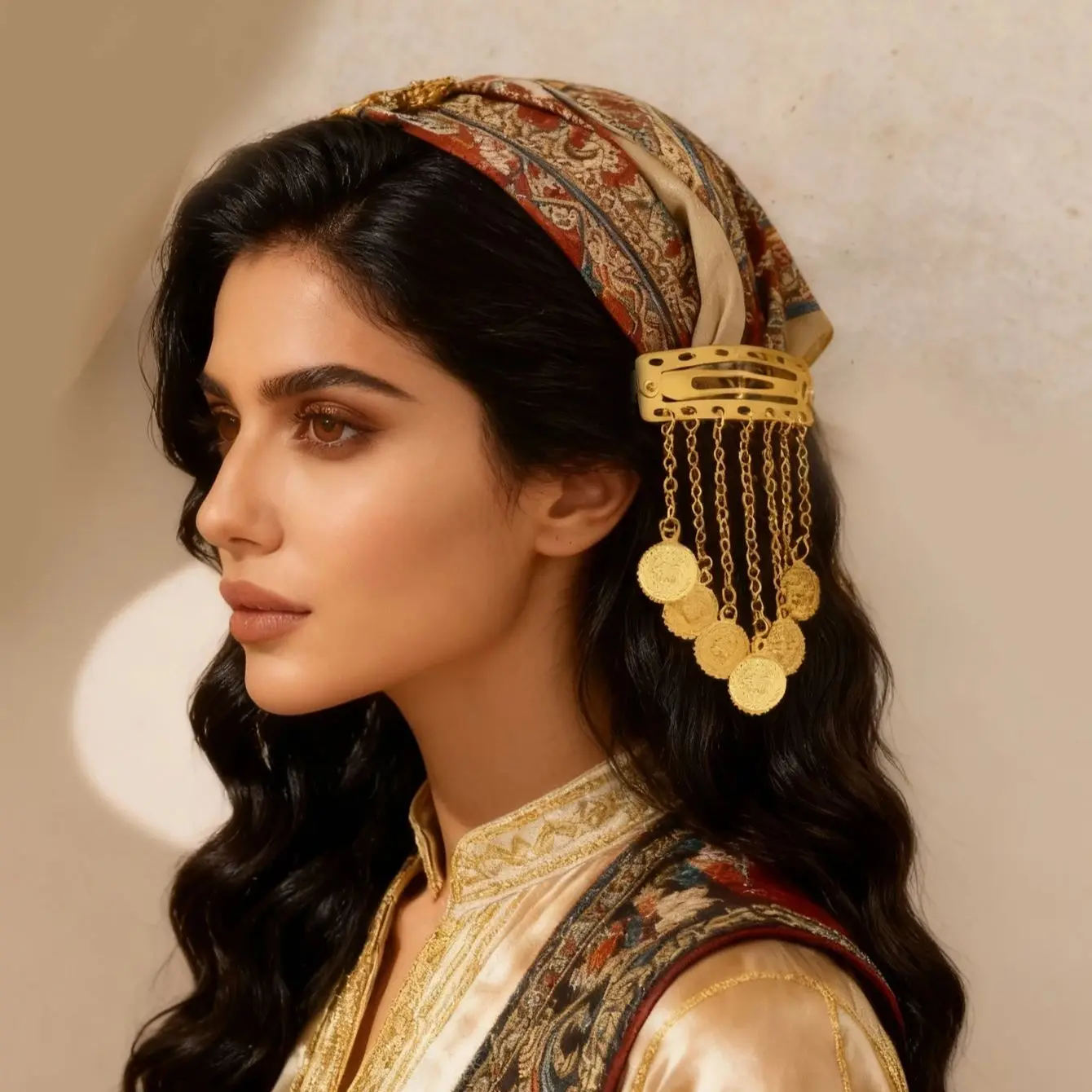 Gold Plated Turkish Coin Tassel Hair Clips Women's Kurdish Bridal Totem Hair Jewelry Arabic Festival Headwear
