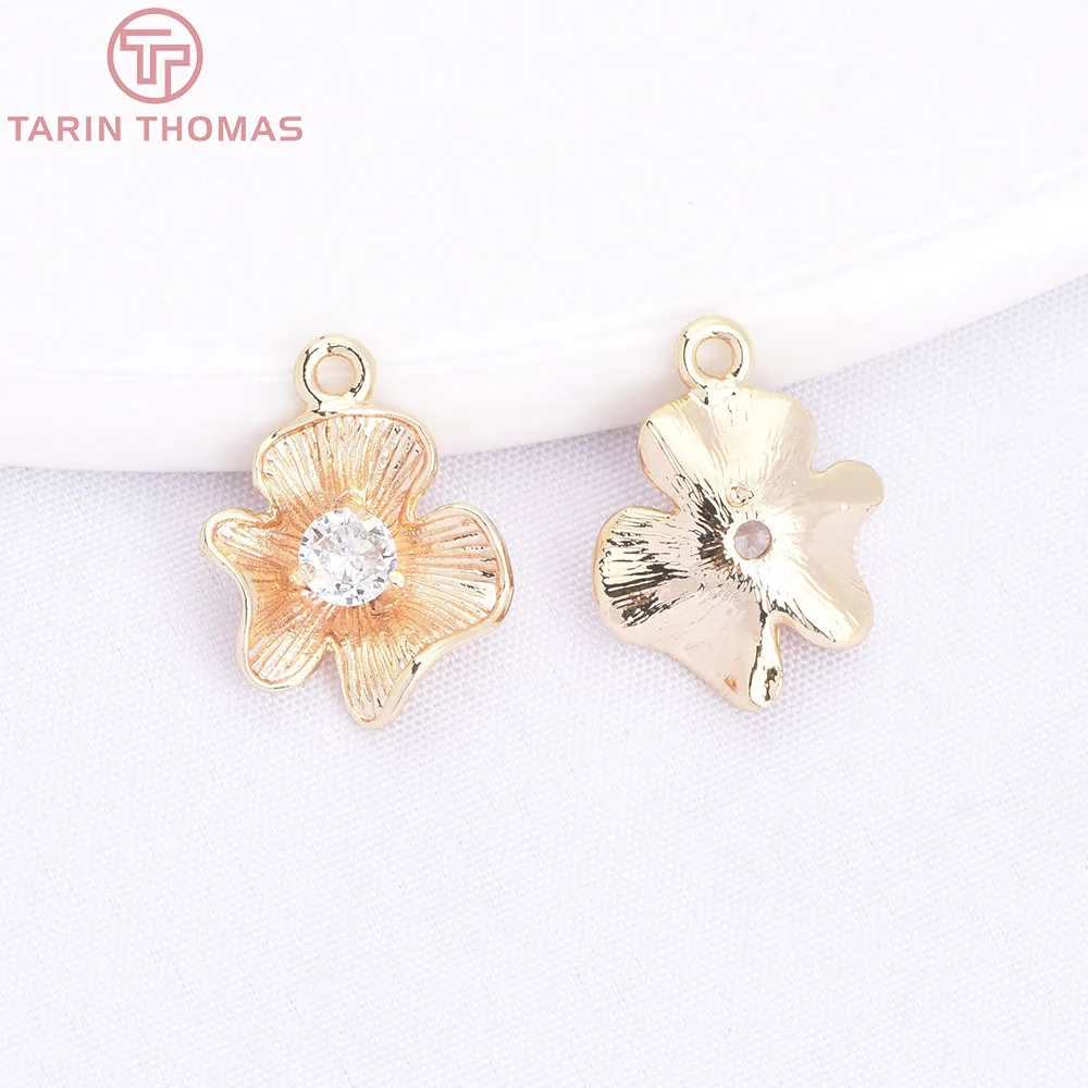 (912) 6PCS 11x14MM 24K Gold Color Plated Brass with Zircon Flower Charms Pendants High Quality Diy Jewelry Making Accessorie