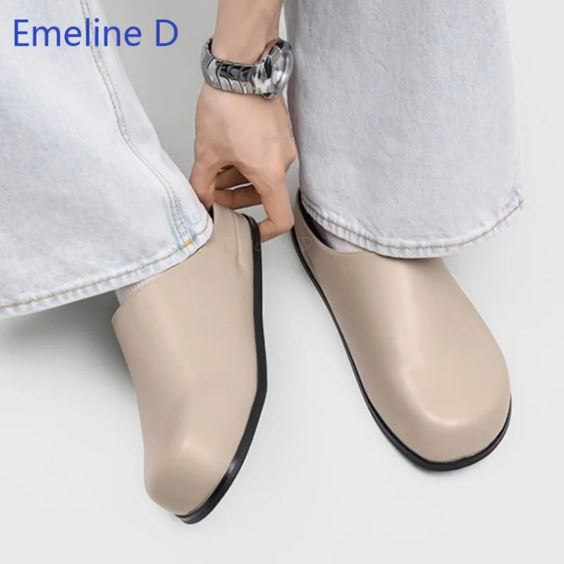 Leather Round Toe Slip On Mule Clogs Flat Sole Comfortable Casual Streetwear Daily Work Indoor Outdoor Men Footwear