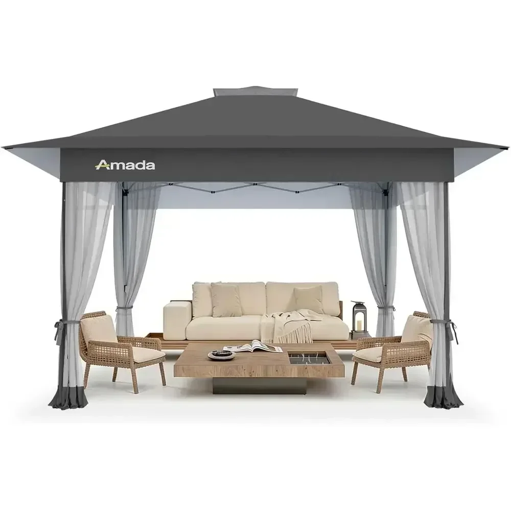 13x13 Gazebo with Wheeled Cover Bag, Patio Furniture, Up Tent Party Shelter, Mosquito Netting, Grey