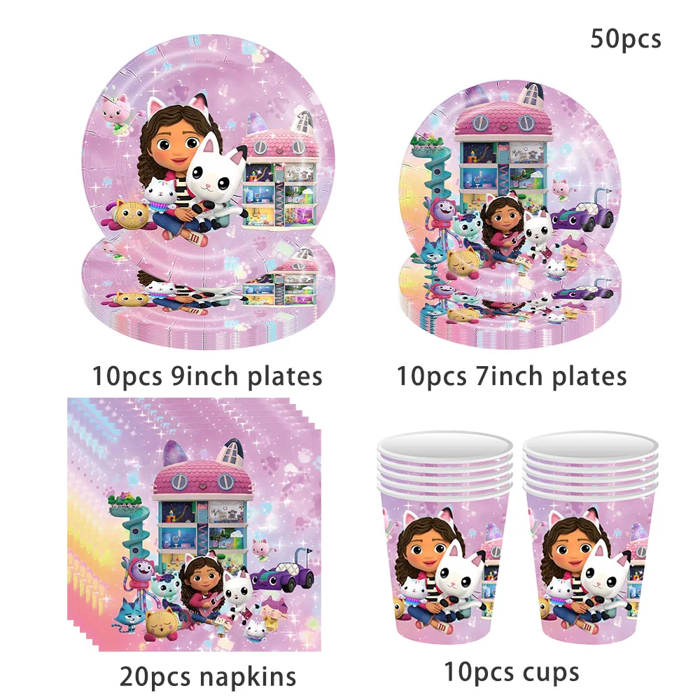 50-1pcs Gabby Dollhouse Birthday Party Plates Cups Napkins Cat Girls Disposable Tableware Kids Happy Birthday Decor Supplies