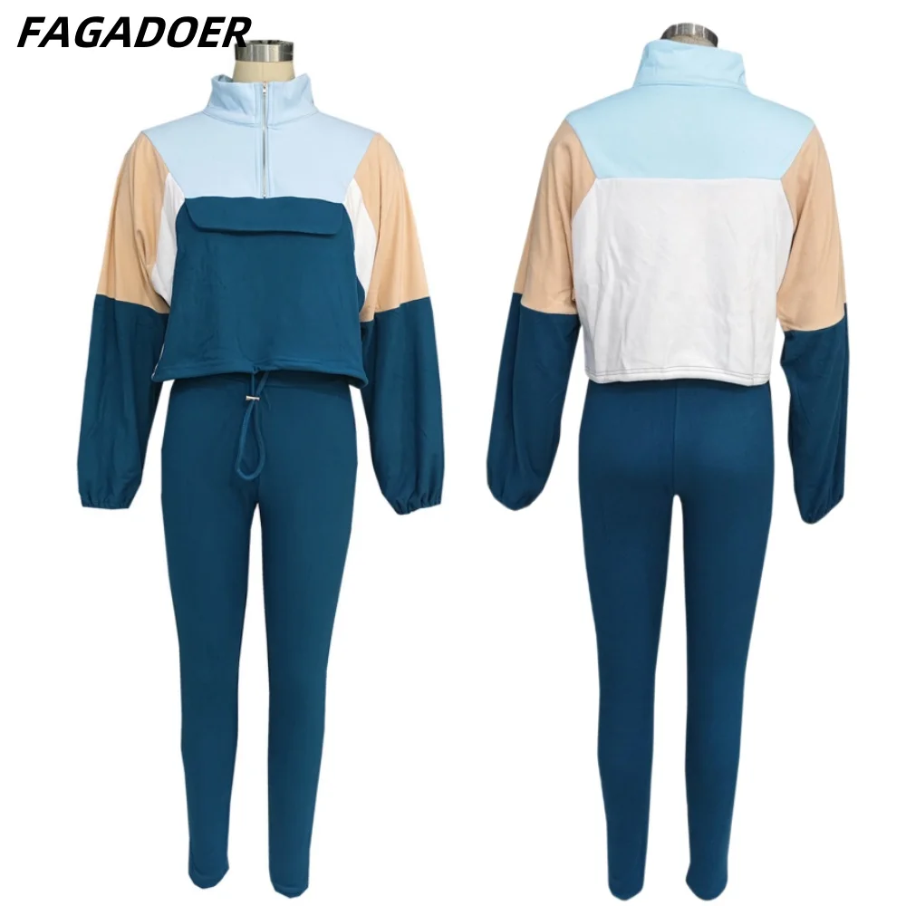 FAGADOER Color Block 2 Piece Sets Outfit Women Long Sleeve Zip Sweatshirts and Leggings Suits Jogger Streetwear Autumn New