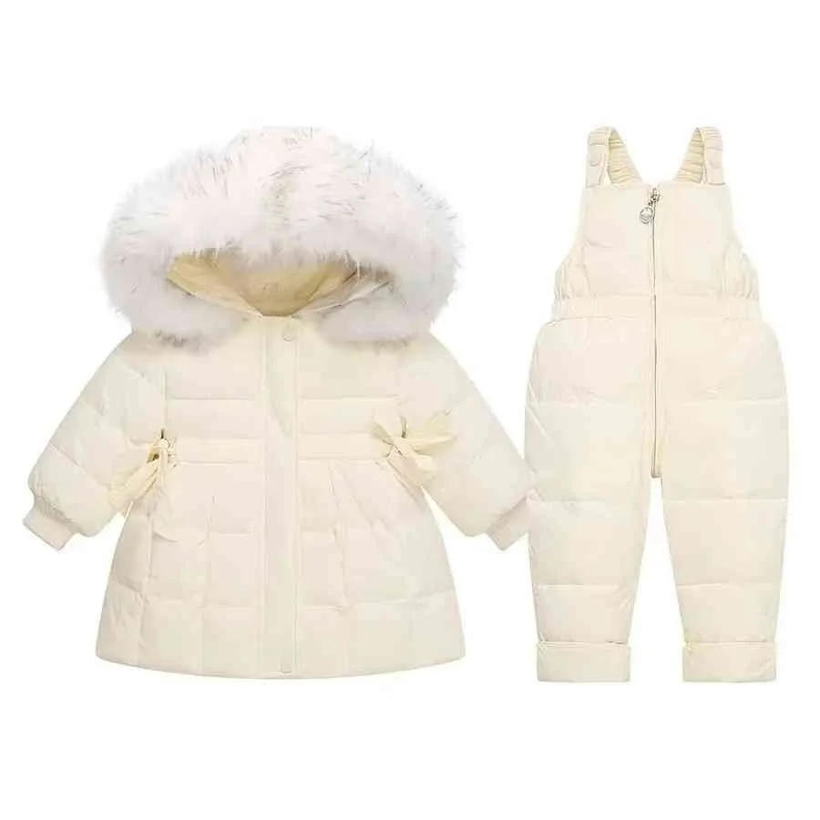 

Корейский детский пуховик, костюм для девочек, зимняя одежда для младенцев, из двух предметов, для маленьких девочек, на белом утином пуху