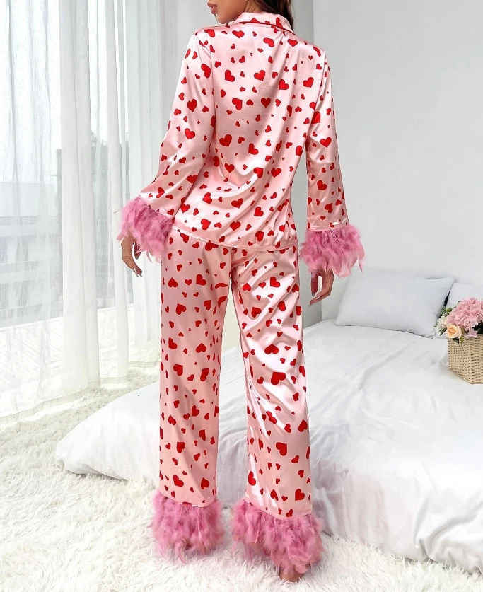 Elegant Two Piece Set for Woman Silk Heart-Shaped Printed Long Sleeved Shirt Feather Decor High Waisted Pants Casual Pajamas Set