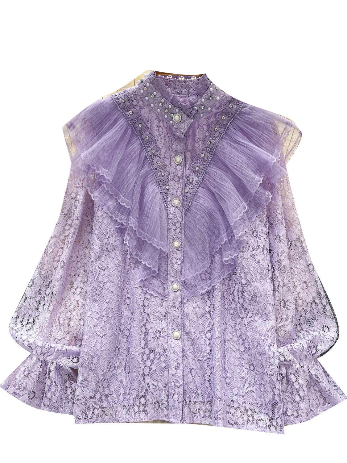 بلوزة نسائية بأكمام طويلة مزينة بأسلوب ريترو، تصميم نحيف بزر واحد وحواف من الدانتيل، قصة فضفاضة على الطراز الكوري