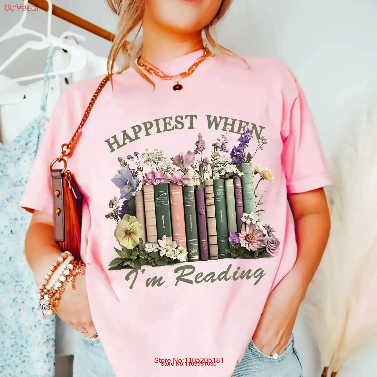 Happiest When I m Reading T Shirt Book Lover Floral Bookshelf for Women Readers Lovers vintage Washed Comfortable Breathable