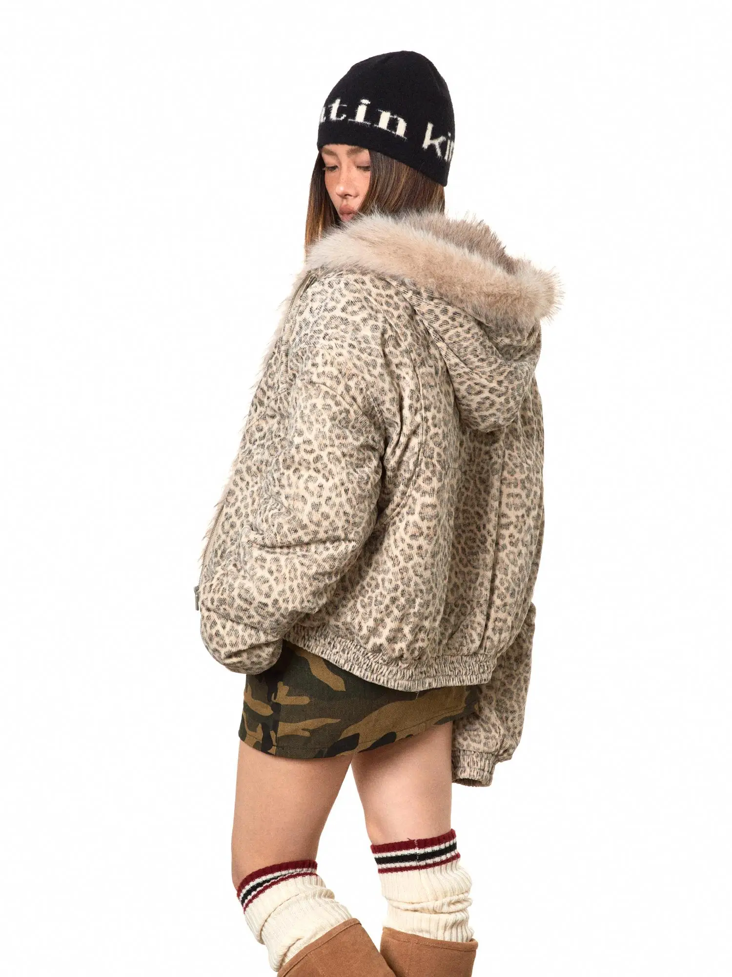 Special Washed Blackbb Mountain Eagle Spot Pattern Hooded Cotton Jacket Bread Style Winter Loose Fit Short Coat for Women