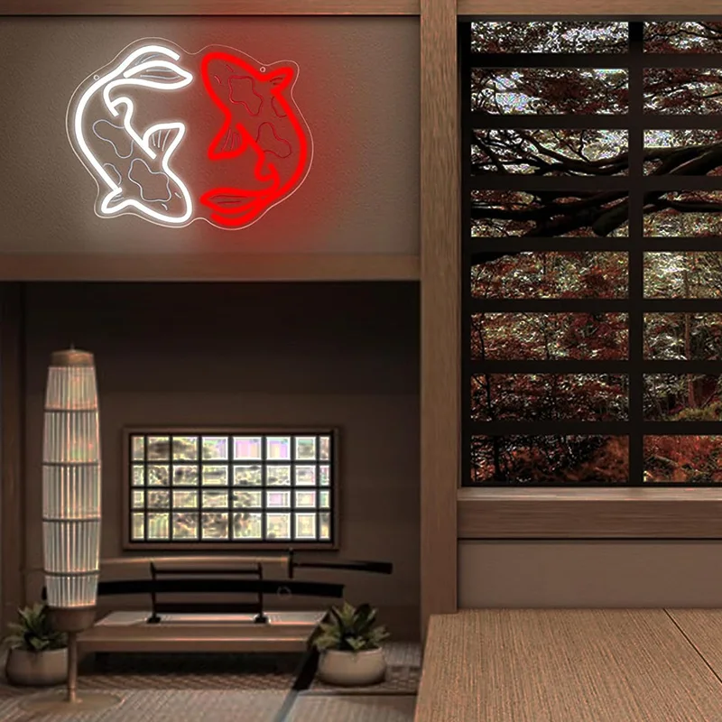 Koi Fish Neon Signs for Wall Decor Japanese Fishes Neon Light Signs Up Night Red White Lights for Bedroom Neon Signs