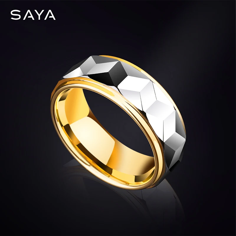 8mm Width Gold Plating Tungsten Wedding Rings  for Women Men Prism Design Fine Jewelry, Customized