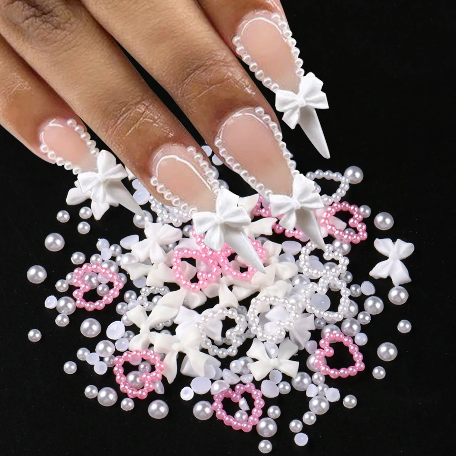 3D elegante weiße Schleife Nail Art Charms rosa weiß Liebe Herz Schmuck Nagel Design Valentinstag Hochzeit weibliche Nail Art Supplies