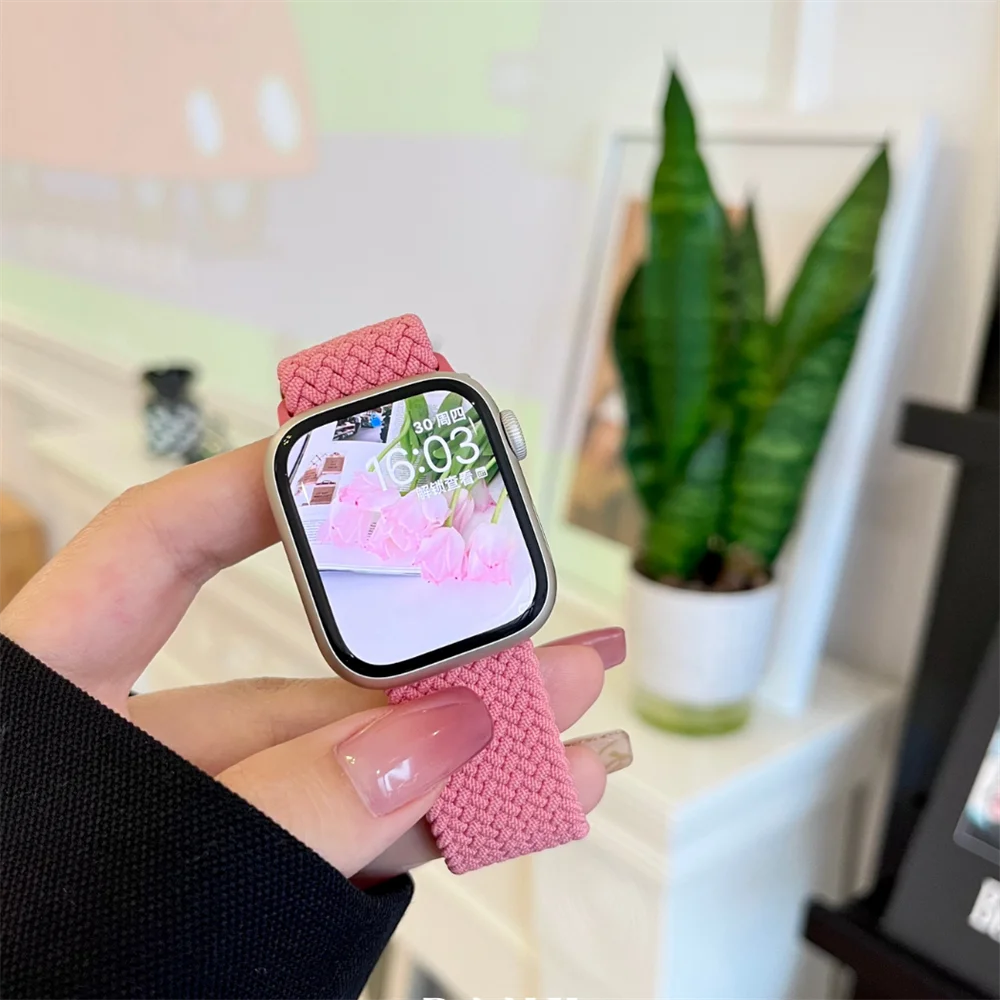 Cute Adjustable Elastic Woven Slide Buckle Band For Apple Watch 9 8 7 6 5 4 3 2 SE Ultra Strap For iWatch 41mm 49 45 42 40 38 image 2
