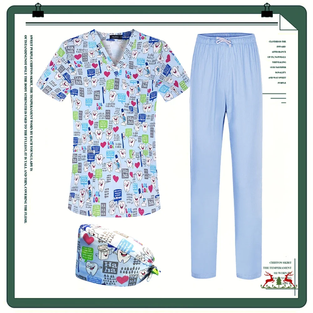 Nurse Uniform Women Men Print Scrubs Top Short Sleeve Shirt Medical Nursing Scrub Pants Beauty Pet Shop Blouse Clinical Workwear