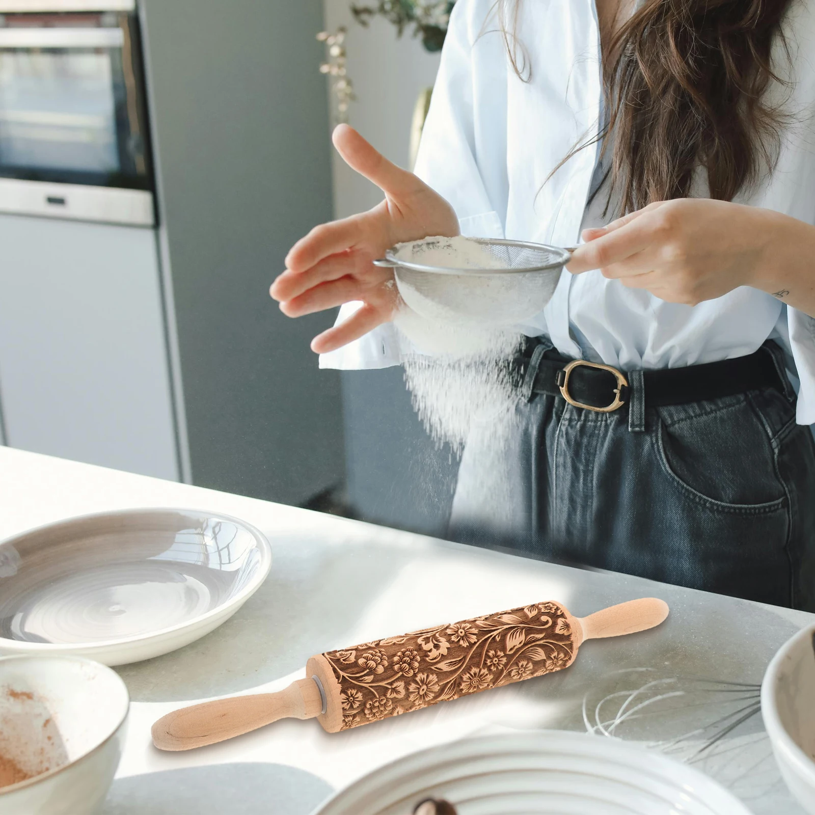 

Printed Rolling Pin Emboss Decorative Adjustable Beech Pins for Pie Crust Cookies Pastry Fondant Kitchen Wooden Pattern