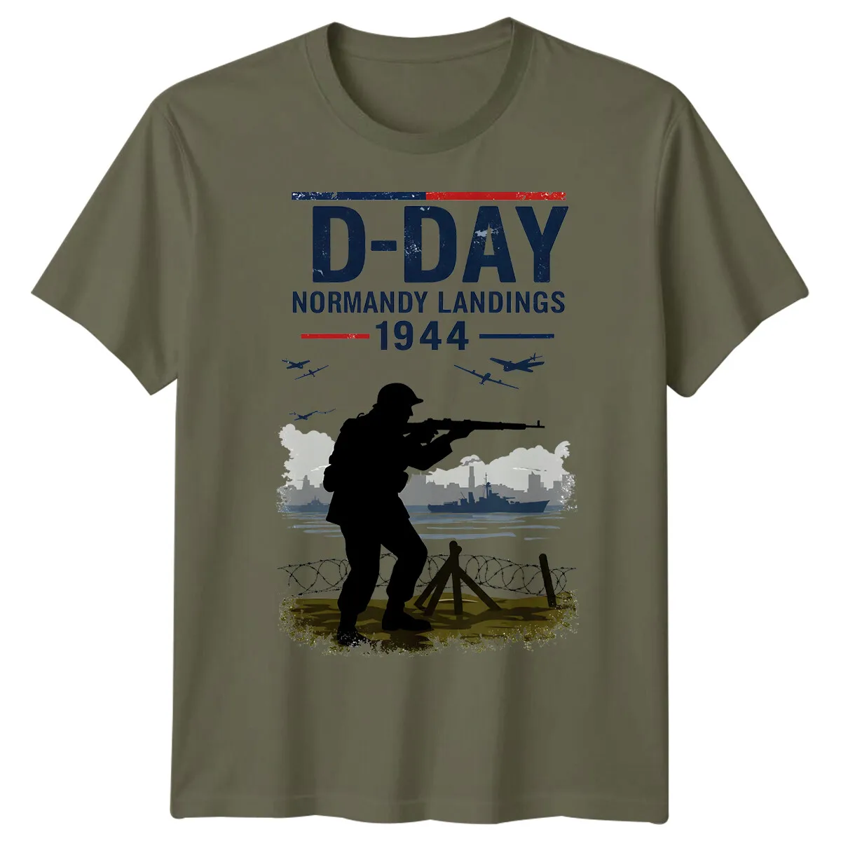 Men's Cotton Top T-shirt Family Soldier Silhouette D-Day T-Shirt Tee 1944 World War Normandy Military Summer Short Sleeve 2026