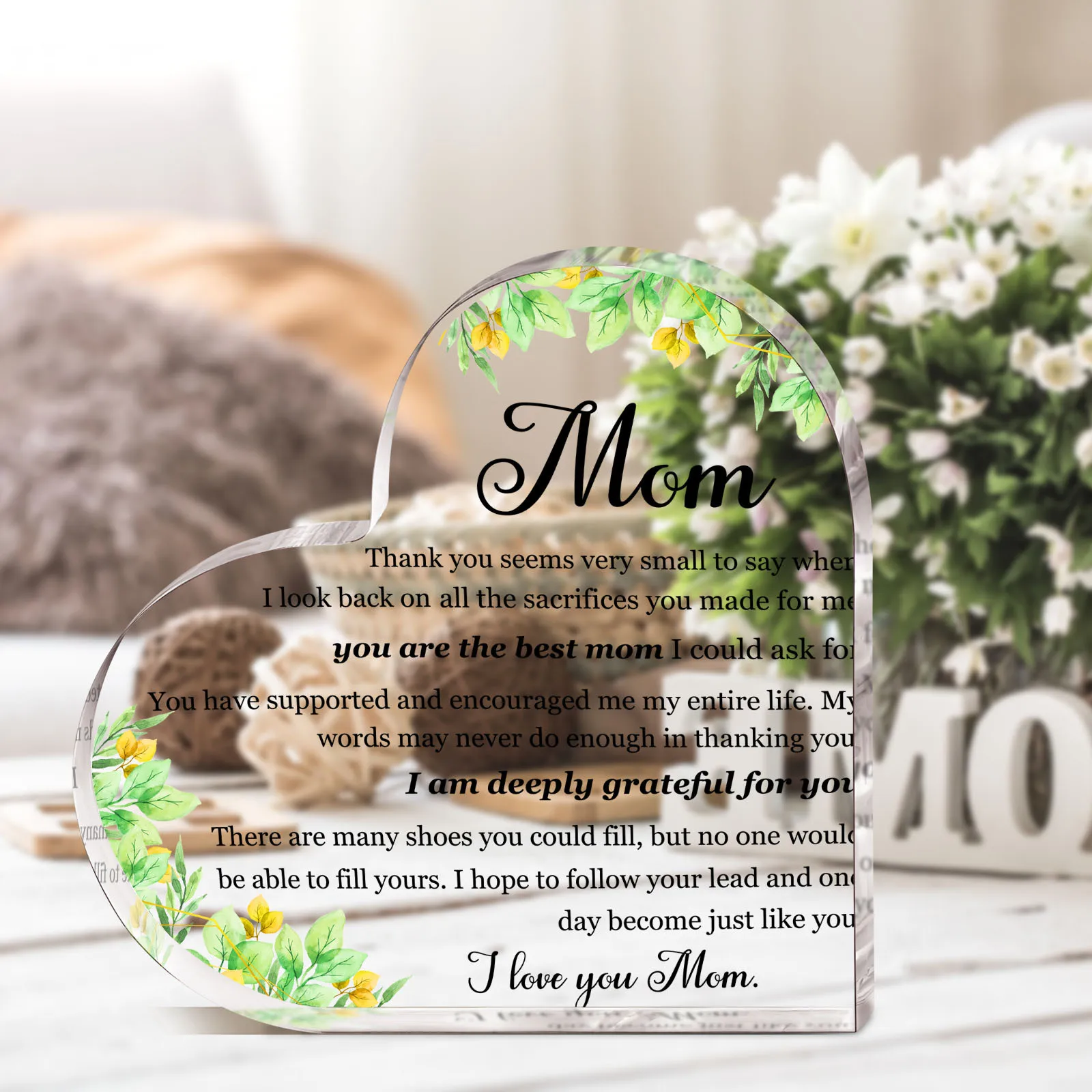 Watercolor Green Leaves Sentimental Mom Gift Transparent Acrylic Heart Sign,I Love You Mom Appreciation Quote Acrylic Heart Table Ornament