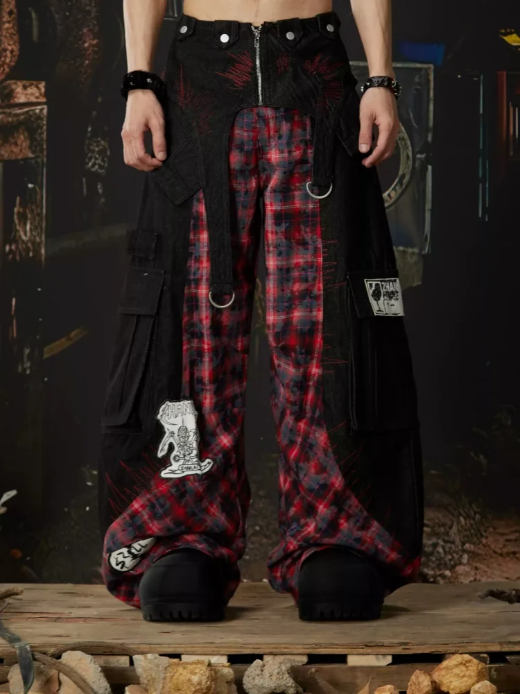 

Embroidery Patch Design Splicing Plaid Punk Style Retro Metal Rivet Street Detachable Waist Belt Loose Jeans For Man