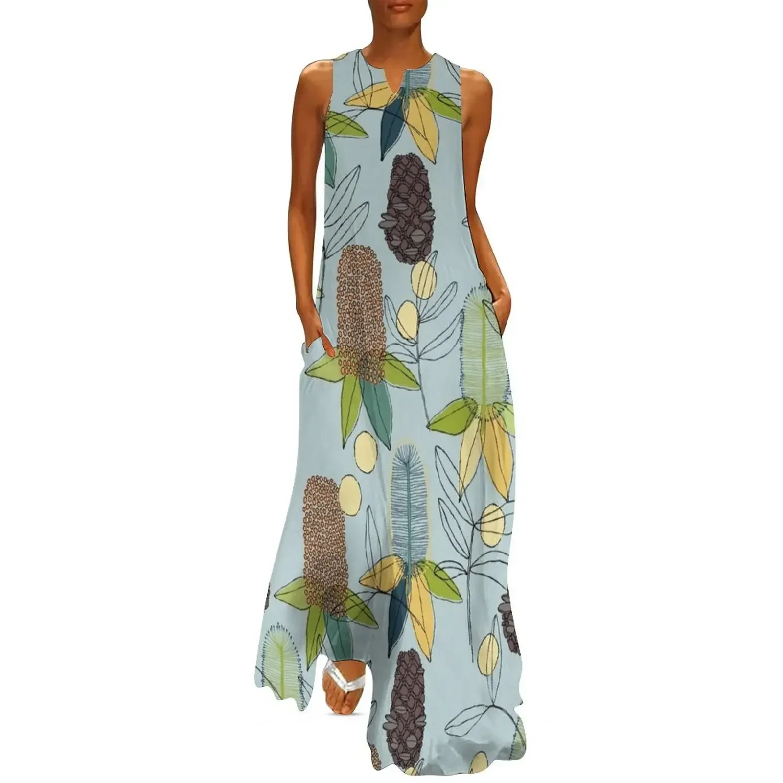 

Blue Australian botanicals Long Dress summer clothes women party dresses women's summer jumpsuit luxury dresses Dress