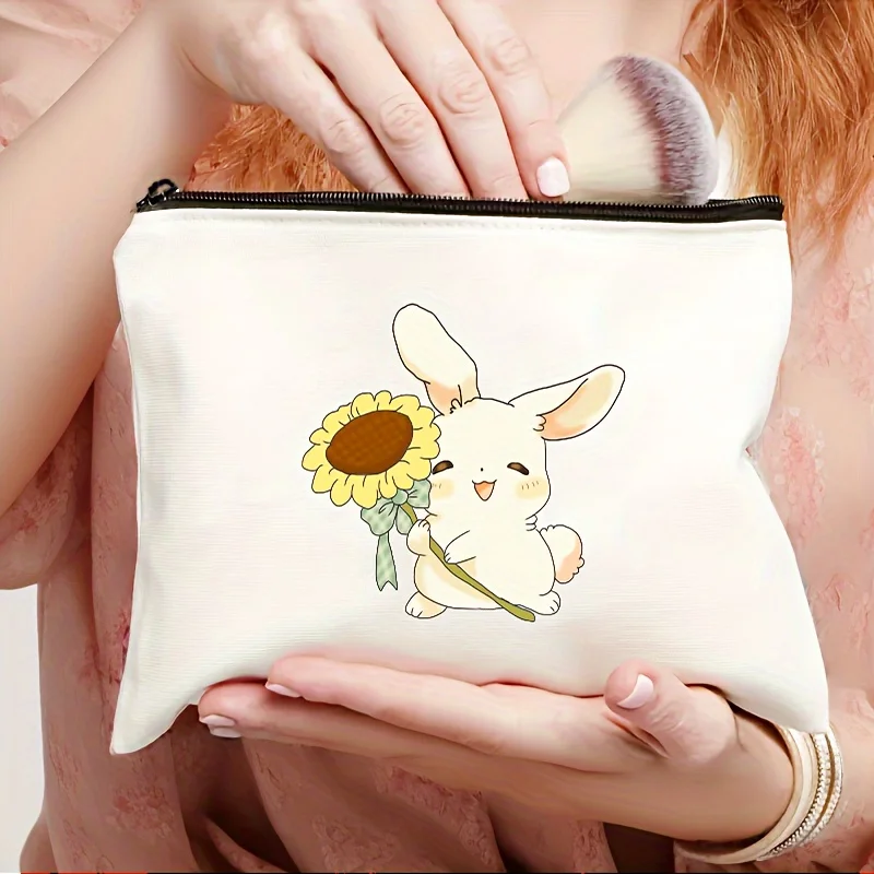 Bunny with A Sunflower Pattern Cosmetic Bag Makeup Bag Cute Travel Bag, Zipper Pouch, Lightweight Makeup Organizer for Travel