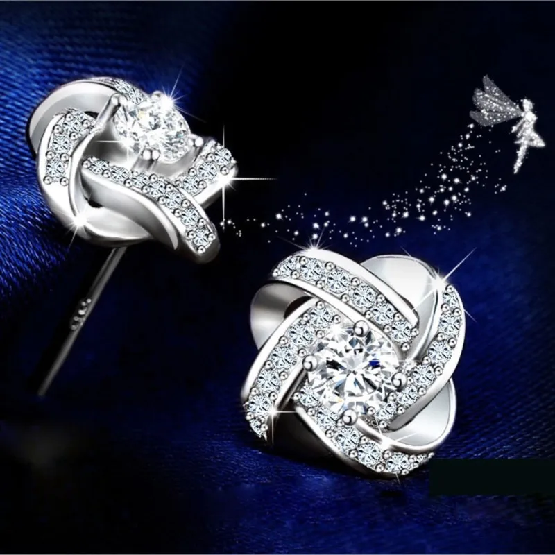 Fine Genuine 925 Sterling Silver Rhinstone Crystal Wedding Stud Earrings For Women Girls Party Earring Jewelry Gift