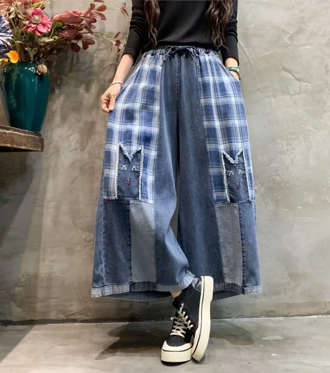 Women\'s Vintage Patchwork Cotton Linen Long Skirt, Japanese Style, Mori Girl, Elastic Waist, Lace Plaid Skirts, Loose A-line Ski