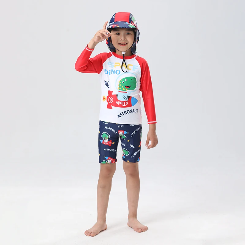 2023 Summer New Boys\' Split Swimwear Set Three Piece Dinosaur Print Surfing Sun Protection Quick Drying Swimwear for Children