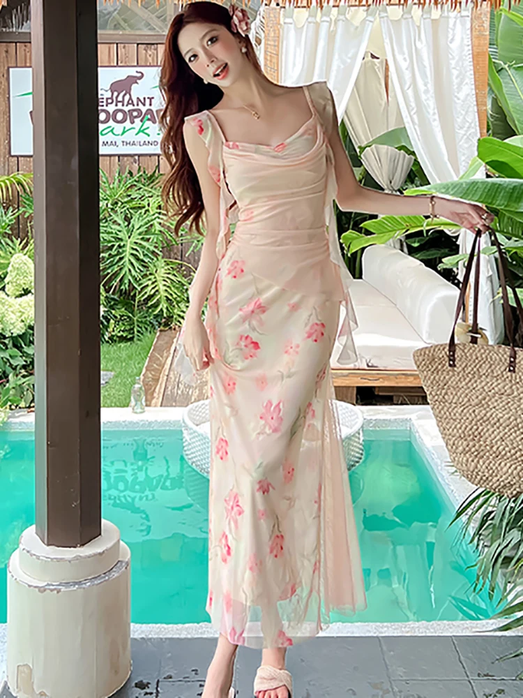 Summer Floral Patchwork Mesh Ruffled Square Collar Sling Dress Women Elegant Casual Beach Dress 2026 Korean Fashion Party Dress