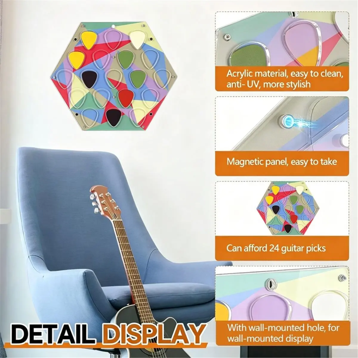[828 Sale] Hexagon Acrylic Guitar Pick Display Case Holder Wall Mount Guitar Pick Storage Holder Case