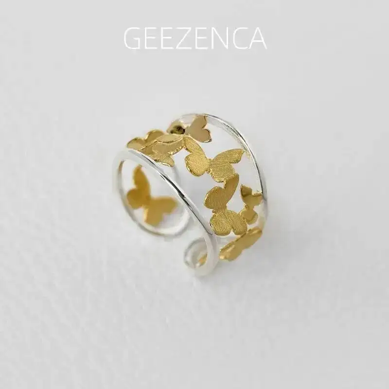 

GEEZENCA 925 Silver Brushed Two Toned Hollow Butterfly Adjustable Open Ring For Women Trendy Dainty Statement Rings Love Gift