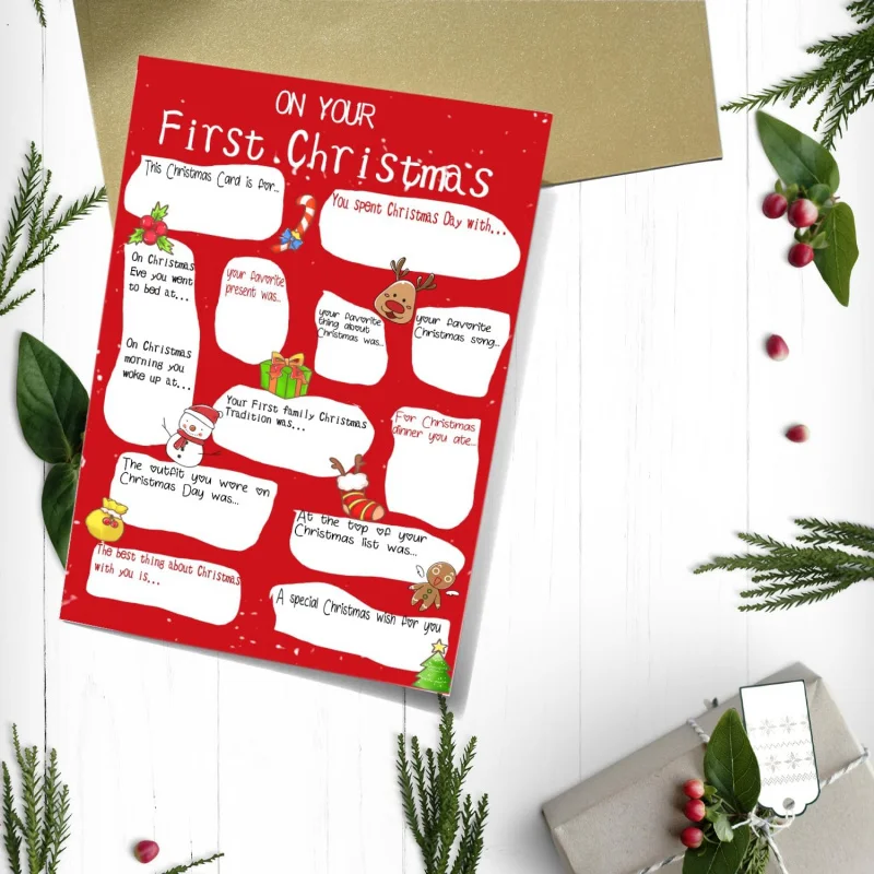 's First Card, Funny Xmas Girls Boys', Questions and Answer Groet, Bab