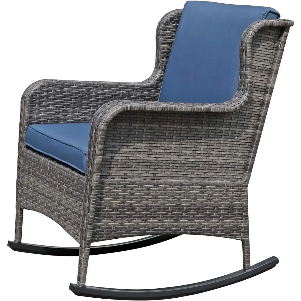 

Outdoor Resin Wicker Rocking Chair with Cushions, Patio Yard Furniture Club Rocker Chair, Gray Wicker & Navy Cushi