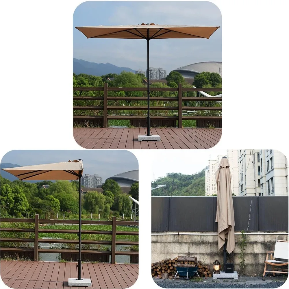 8’Half Rectangular Outdoor Patio Umbrella with Adjustable Height for Wall, Balcony, Garden, Deck, Café, Half Round Base Included