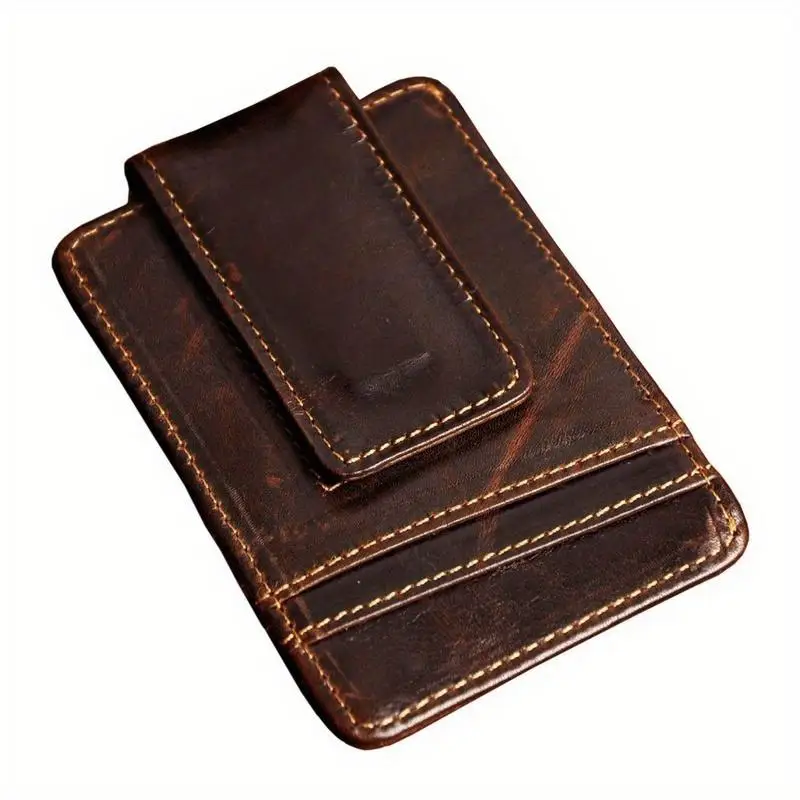 1 Stück Mad Horse Leder-Geldbörse für Herren, Praktische Multikarten-Geldbörse in Kaffeebraun mit Schwarzem Geldclip und Magnetverschluss – Detail 3