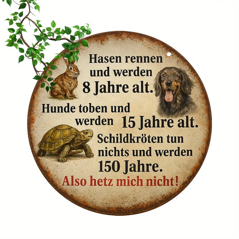 Retro Metal Wall Art Plaque - 20.32Cm X 20.32Cm Animal Quote Decoration Featuring Rabbit, Dog, Turtle & Funny German Text, Ideal