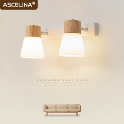 Lámpara LED de pared de madera nórdica, candelabro de vidrio blanco leche de doble cabeza para dormitorio, sala de estar, estudio, comedor, accesorio de decoración del hogar