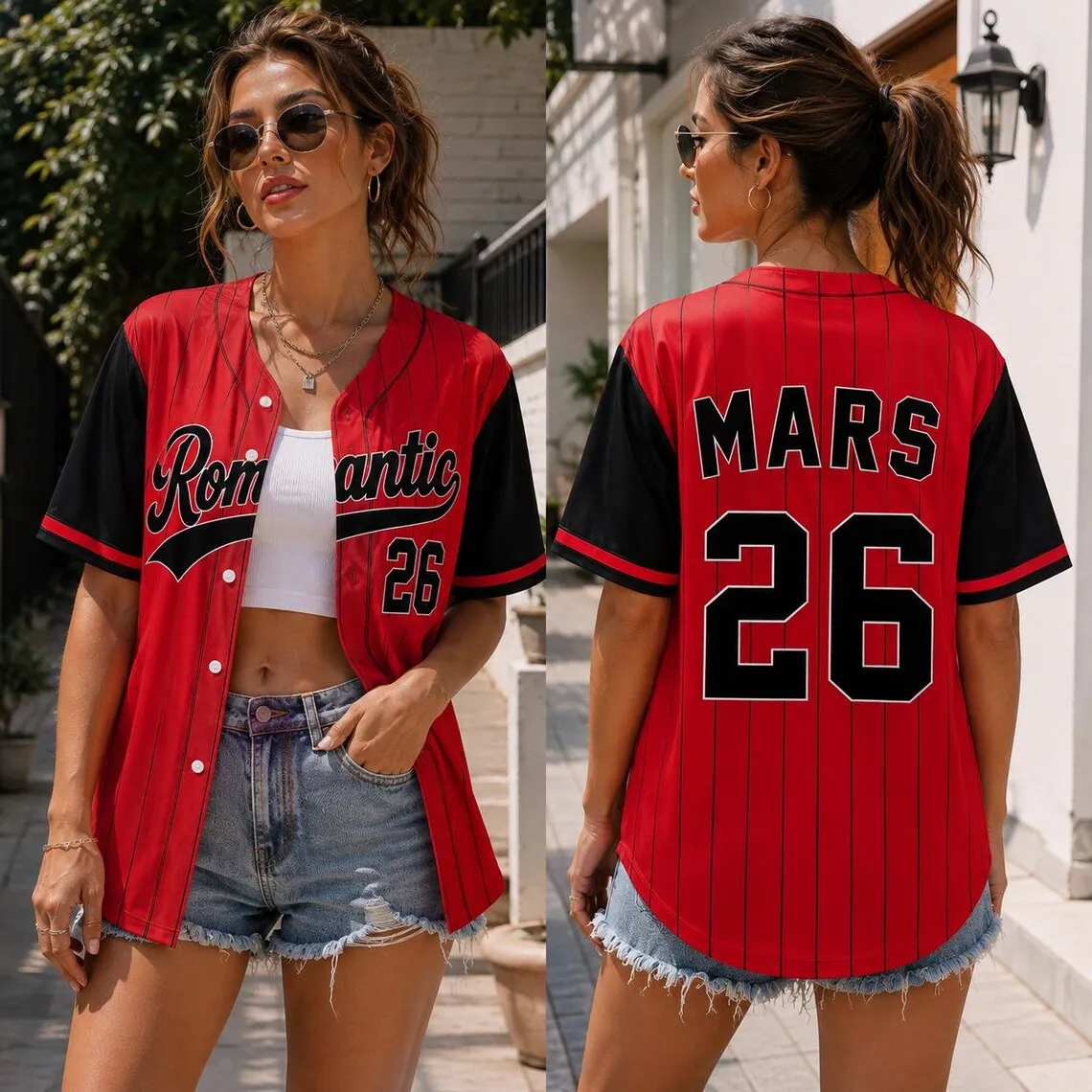 Romantic 26 Red Pinstripe Baseball Jersey Bruno Mars Concert Fan Button Up Shirt Unisex Music Festival Outfit Casual Mesh Jersey