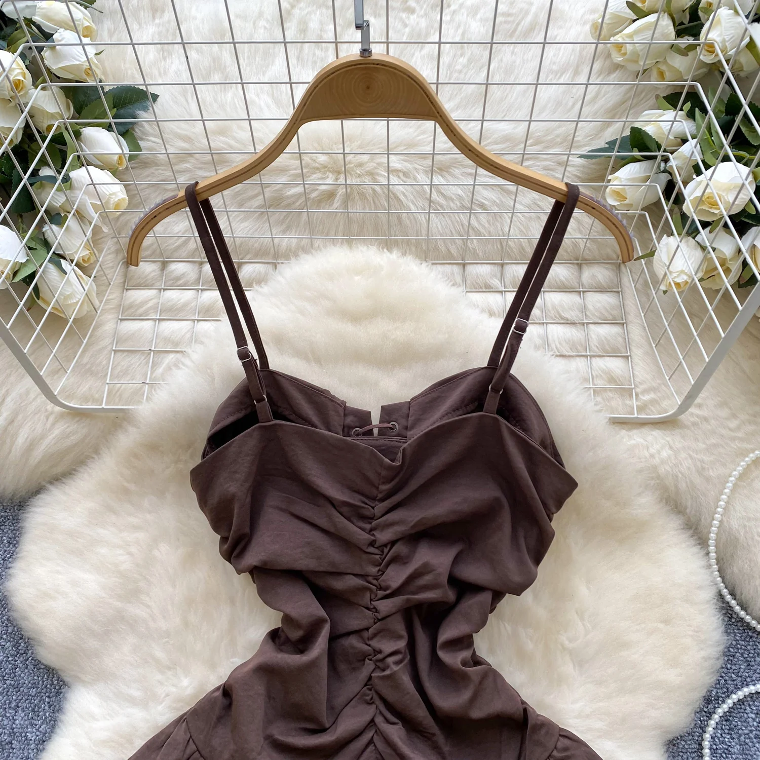 Alças Vintage feminino Vestido de babados, Bandagem, Em camadas, Sexy, Curto, Rua alta, Moda coreana, Streetwear, Elegante, Roupa de verão